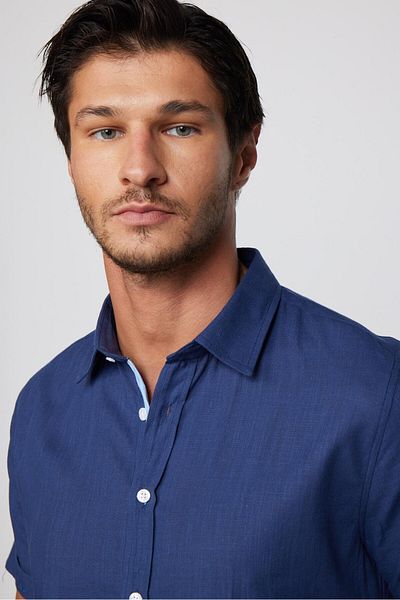 Tudors Ανδρικό πουκάμισο Navy Blue - 100% βαμβάκι, κοντό μανίκι, τσέπη, λινό υφή με λεπτή εφαρμογή