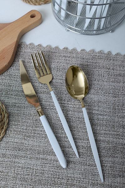 Hira Istanbul Gold - 18 Piece White Pearlescent Spoon and Fork Knife Set
