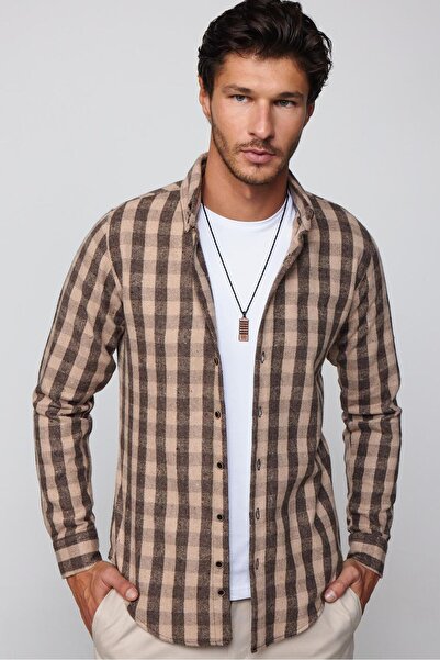 Tudors Slim Fit Uzun Kollu Dar Kesim Düğmeli Yaka Kareli Kışlık Oduncu Erkek Gömlek