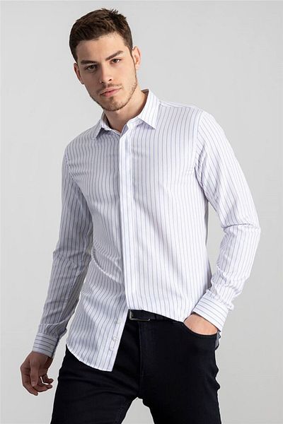Tudors Slim Fit proužkovaná pánská bílá košile s dlouhým rukávem z bavlny se snadným žehlením