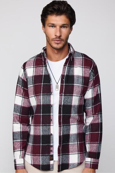 Tudors Slim Fit Uzun Kollu Dar Kesim Düğmeli Yaka Kareli Kışlık Oduncu Erkek Gömlek