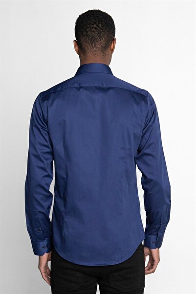 Tudors Slim Fit Uzun Kollu Koton Saten Premium Seri Erkek Lacivert Gömlek