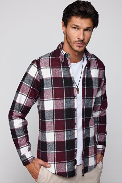 Tudors Slim Fit Uzun Kollu Dar Kesim Düğmeli Yaka Kareli Kışlık Oduncu Erkek Gömlek