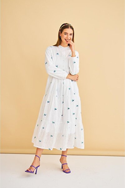 Basicpark Guipure Embroidered And Buttoned Embroidery Oversize Green Dress