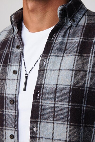 Tudors Slim Fit Uzun Kollu Dar Kesim Düğmeli Yaka Kareli Kışlık Oduncu Siyah-gri Erkek Gömlek
