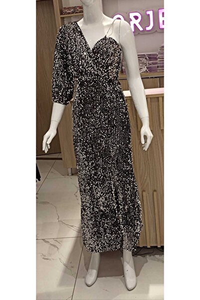 ORJEEN KADIN V YAKALI TEK KOLLU YIRTMAÇLI PARLAK PULLU PALET UZUN  DÜĞÜNLÜK A...