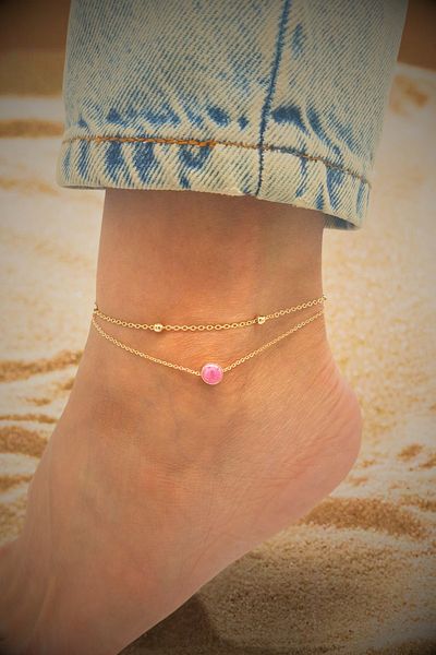 PlnDesign Gold Color Double Rows with Round Mother of Pearl Figure - Anklet and Summer Fashion Beach Jewelry, Daily Chic