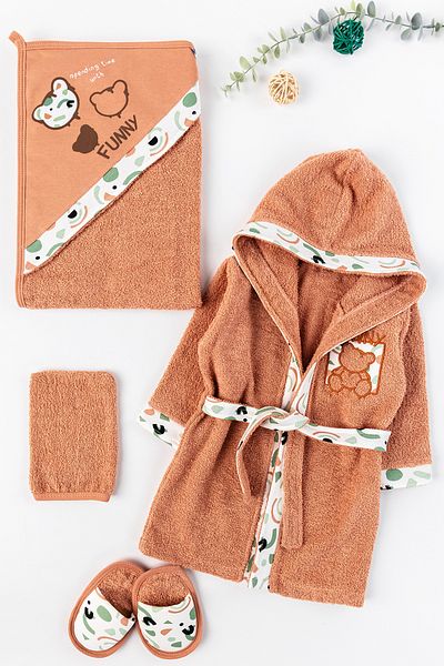 Babymod 4-Piece Cotton Baby Towel Bathrobe Set with Teddy Bear Figure