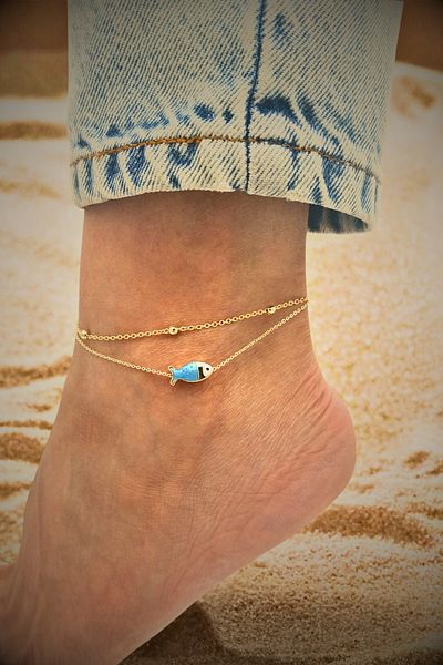 PlnDesign Gold Colored Double Row Fish Figure Anklet - Summer Fashion and Casual Elegant Beach Set