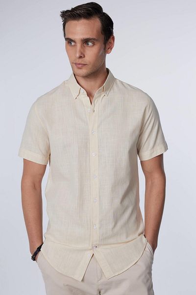 Tudors Men's Slim Fit Short Sleeve Cream Color Shirt - 100% Cotton Linen, Buttoned Collar