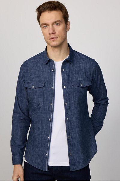 Tudors Ανδρικό πουκάμισο Navy Blue Slim Fit - Μακρύ μανίκι, 100% βαμβακερό λινό, διπλό κούμπωμα τσέπης