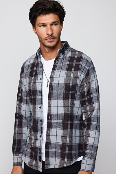 Tudors Slim Fit Uzun Kollu Dar Kesim Düğmeli Yaka Kareli Kışlık Oduncu Siyah-gri Erkek Gömlek