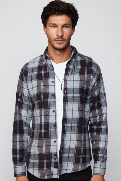 Tudors Slim Fit Uzun Kollu Dar Kesim Düğmeli Yaka Kareli Kışlık Oduncu Siyah-gri Erkek Gömlek