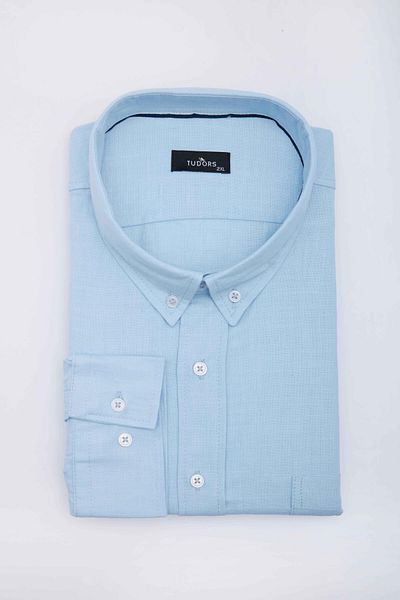 Tudors Men's Big Size Large Size Long Sleeve Buttoned Collar Cotton Linen Texture Plain Summer Blue Shirt