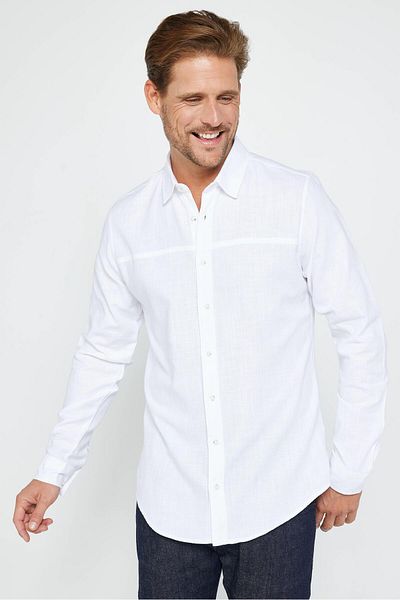 Tudors Λευκό Slim Fit Ανδρικό πουκάμισο - 100% βαμβάκι, μακρυμάνικο, λινό υφή