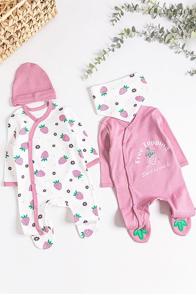 Babymod Strawberry Patterned 2-Piece Long Sleeve Baby Girl Jumpsuit Set