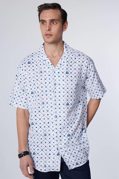 Tudors Relax Fit Short Sleeve Relaxed Fit Breathable Texture Linen Texture Printed Summer Men's Shirt