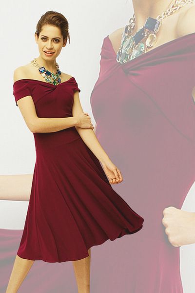 Laranor Madonna Collar Burgundy Moving Dress - Day and Night Elegance with Skirt Detail
