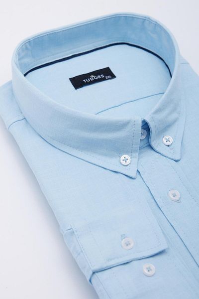 Tudors Men's Big Size Large Size Long Sleeve Buttoned Collar Cotton Linen Texture Plain Summer Blue Shirt