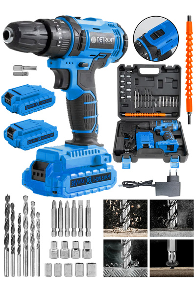 DETROİT TOOLS POWERTOOLS  USA iTALY STYLE SERİES  36v 5 Ah Çift Akülü Darbeli Matkap 24 Parça Akülü Vidalama MAVİ