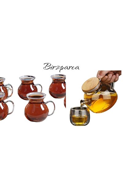 2'li Set 6'lı Borosilikat Cam Kulplu Çay Bardağı 1000 ml Isıya Dayanıklı Borosilikat Demlik