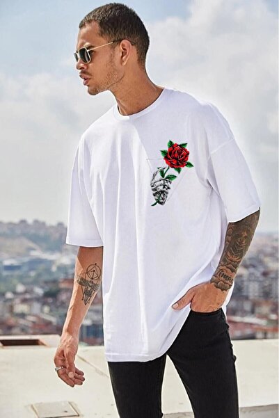 oneagılyazı تي شيرت كبير الحجم مطبوع عليه وردة للجنسين