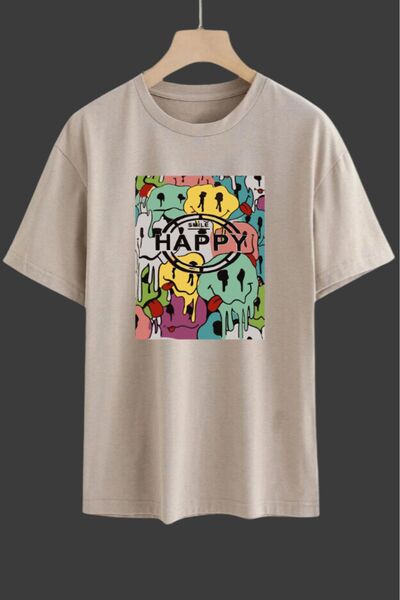 oneagılyazı تي شيرت مطبوع عليه Happy للجنسين مقاس كبير