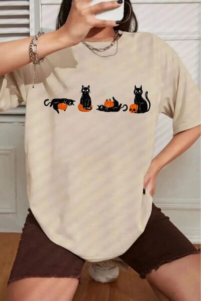 oneagılyazı Unisex Oversize T-shirt - Μελιού Παπάκι και Γάτες