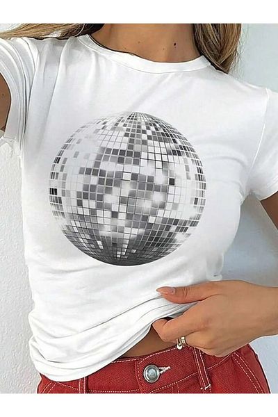 Machetta White Disco Top Printed Oversize Women's T-Shirt - Crew Neck