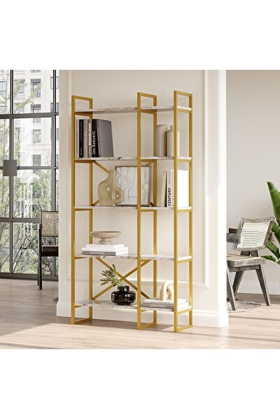 L'occi Concept Arnis Gold Metal Kitaplık 5 Raflı 2 Bölme 175cm Mermer Desen As4-ge