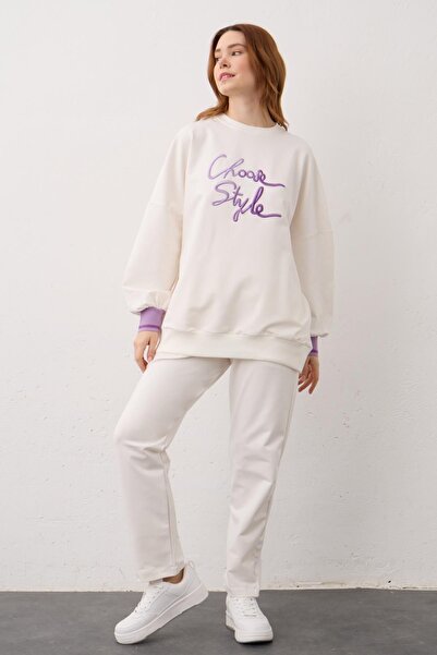 Basicpark Изберете стилно бродирано памучно плетено долно горнище с екрю кант