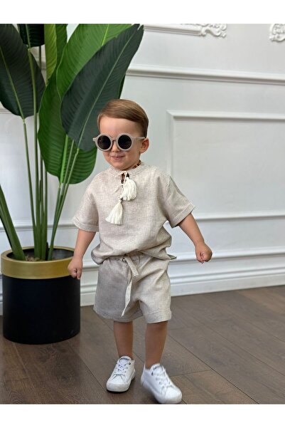 bohemiankids baby wear Raw Linen Cream Thread Top Shorts Set
