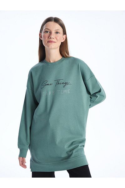 LC Waikiki Lcw Modest - Crew Neck Printed Oversize Women's Sweatshirt Tunik
