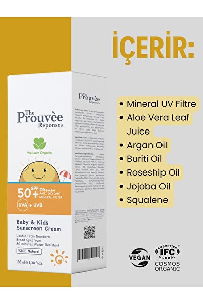 The Prouvee Reponses %100 Doğal 50 Spf Bebek Ve Çocuklar Için Organik Güneş Koruyucu Krem 100 ml