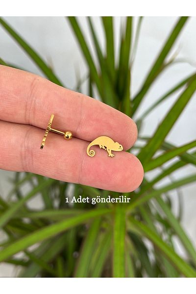 Karınca Piercing Gold Color Animal Motif Chameleon - Surgical Steel Tragus Helix Ear Piercing Earrings