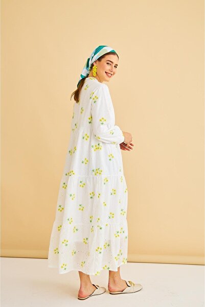 Basicpark Κίτρινο φόρεμα Guipure με κέντημα και κέντημα με κουμπιά