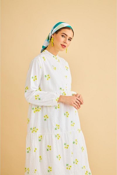 Basicpark Guipure Embroidered and Buttoned Embroidery Oversize Yellow Dress