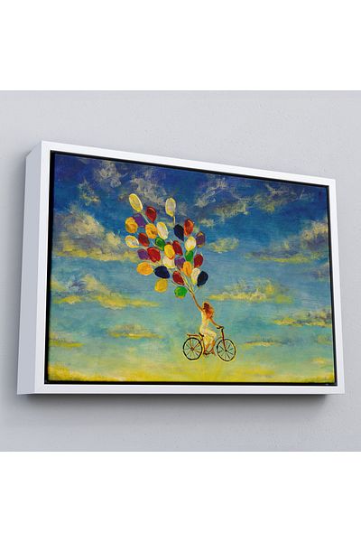 Harita Sepeti Fată pe o bicicletă zburătoare cu baloane colorate într-un cadru Pictură pe pânză-5036