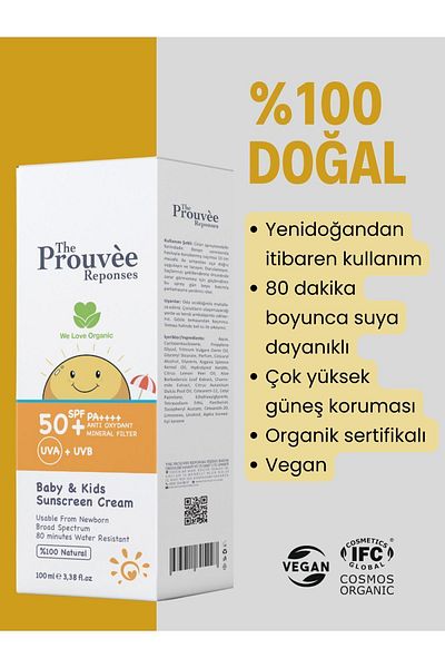 The Prouvee Reponses 50 SPF 100% Natural Organic Sunscreen Cream - 100 ml for Babies and Children