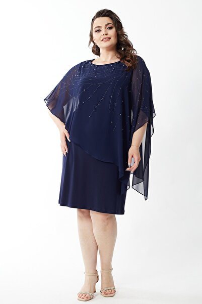 Moda Alba ÖRÜMCEK TAŞLI ŞİFON PELERİN ÜST BÜYÜK BEDEN ESNEK ÖRME KISA ABİYE  ELBİSE