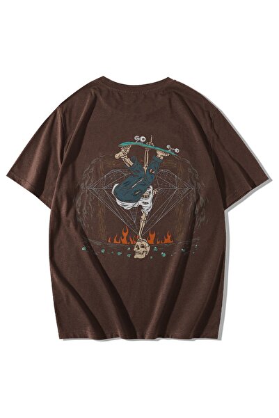 Stadium تي شيرت بني للجنسين مطبوع عليه ثراشر بأكمام قصيرة ورقبة دائرية