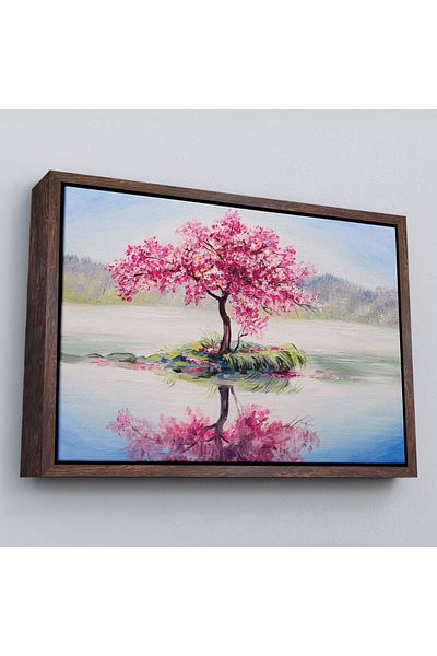 Harita Sepeti Pictură în ulei de copac Sakura în lac cu cadru Vizualizare Pictură murală pe pânză-3494
