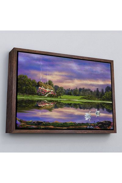 Harita Sepeti Peisaj de casă de pădure pe malul lacului într-un cadru Vedere în ulei Pictură decorativă pe pânză de perete-3678