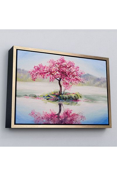 Harita Sepeti Pictură în ulei de copac Sakura în lac cu cadru Vizualizare Pictură murală pe pânză-3494