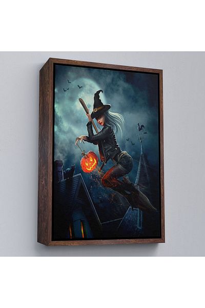 Harita Sepeti Vrăjitoare zburătoare și dovleac cu mătură într-un cadru Pictură murală Halloween Helloven -6175