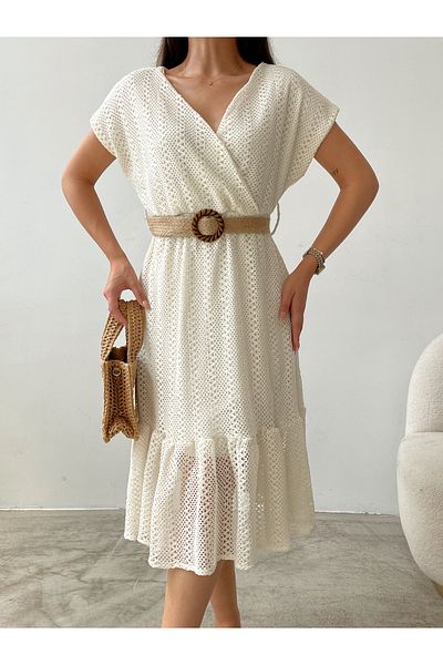BELLA FASHION Lace Detailed Straw Belt Dress