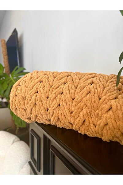 Missworble Puffy El Örgüsü Şömine Ve Tv Battaniyesi Balık Kılçığı Desenli Tarçın 90 x 150 cm