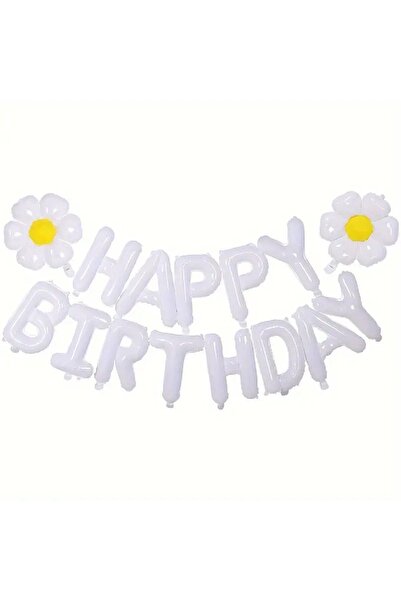 Genel Markalar Beyaz Renk Happy Folyo Balonları Pankart Seti, 2 Papatya Balon...
