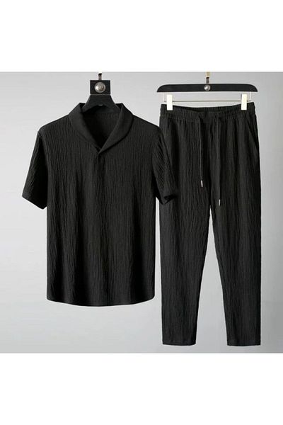 Elvino Unisex Lycra Summer T-Shirt and Tracksuit Set - Black/White, Wrapped Crinkle Fabric