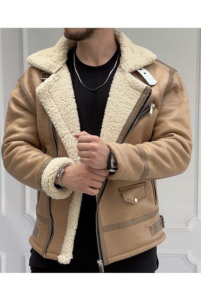 He Brand Ανδρικό δερμάτινο παλτό από κρεμ Nappa με Full Shearling Εσωτερικό παλτό Northern Model